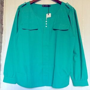 NWT Allegra K vintage-style teal/green blouse, Pearl buttons, tailored, XL